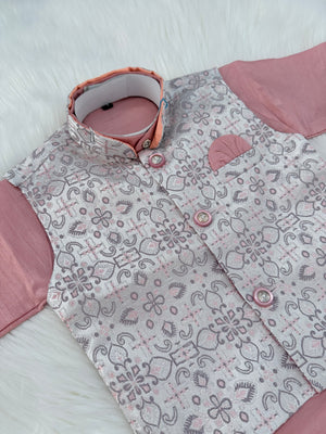 Carrot Shade 3 Piece Boy's Cotton  Silk Ethnic Kurta with Jacket, and Pajama- Design B-2012