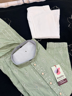 Men’s Pista Green Embroidered Kurta Pajama Set with Sequins Work, Indian Ethnic Wear for Wedding & Festival, KPS-3013