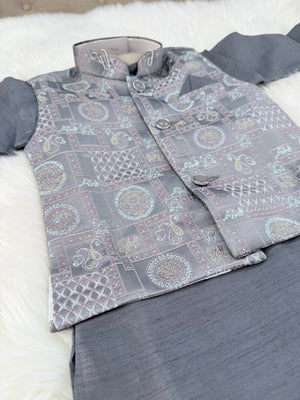 Gray Shade 3 Piece Boy's Cotton  Silk Ethnic Kurta with Jacket, and Pajama- Design B-2011