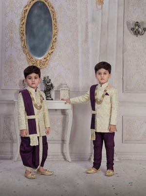 Boys 3 Piece Silk Blend Indian Dress Set with Sparkly Jacket, Dhoti & Pajama – Ethnic Wedding and Festive Outfit B-2018