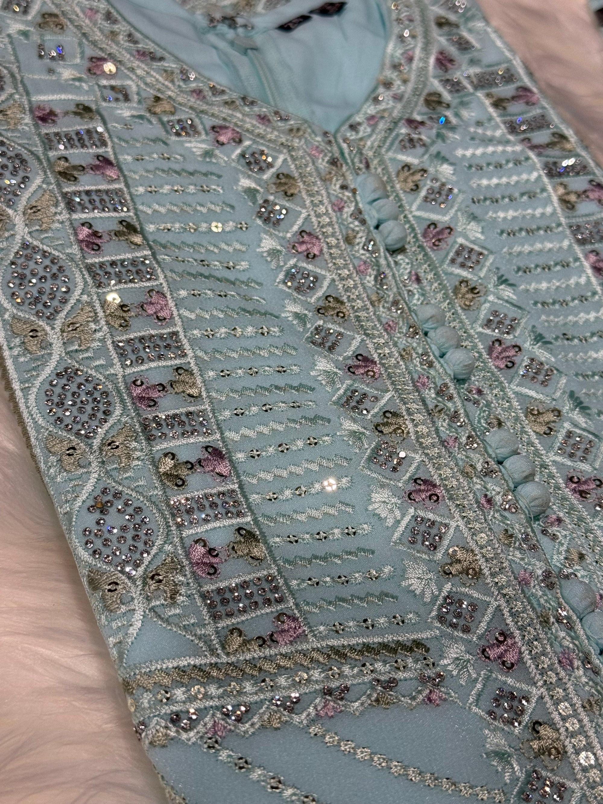 Graceful Sky Blue 3-Piece Girls’ Kurti Set with Intricate Embroidery and Sequin Detailing, Design G-1948