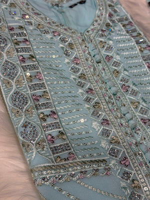 Graceful Sky Blue 3-Piece Girls’ Kurti Set with Intricate Embroidery and Sequin Detailing, Design G-1948