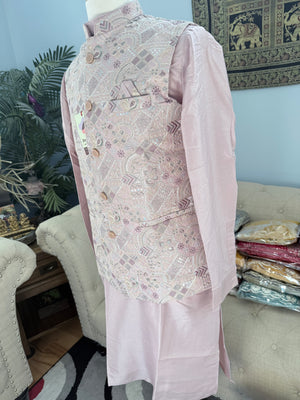 Men’s Dusty Rose Pink Shade 3-Piece Kurta Pajama with Heavy Embroidered Jacket, Wedding & Festive Ethnic Wear, KPJ-3077