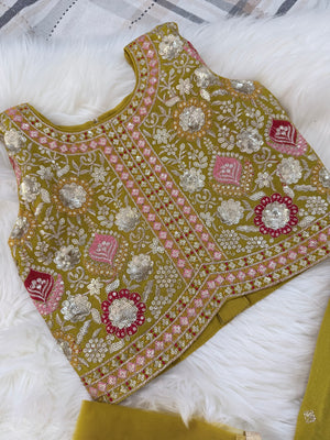 Girls Mustard  Yellow Zari Embroidered Lehenga Choli Set with Dupatta, Traditional Indian Ethnic Wear for Kids, Wedding & Festival Outfit, GRL-3070