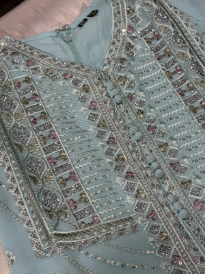 Graceful Sky Blue 3-Piece Girls’ Kurti Set with Intricate Embroidery and Sequin Detailing, Design G-1948