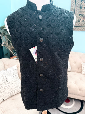 Premium Black Heavy Embroidered Jacket for Men – Sequin & Thread Work Wedding Waistcoat J - 3035