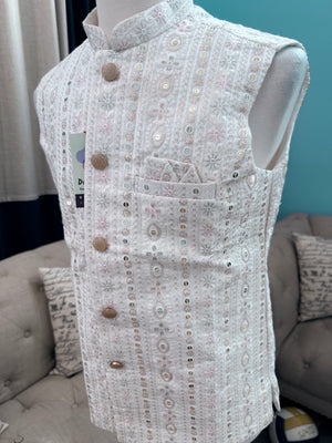 Festive White Ethnic Jacket for Men – Pastel Thread Embroidery with Sequins – Heavy Thread Work Wedding Waistcoat | J-3032