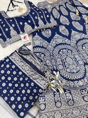 Women’s Designer Lehenga Choli Set with Dupatta | Navy Blue & Rani Pink Silver Zari Jacquard Silk Lehenga | Wedding & Festive Wear, LHG-4021