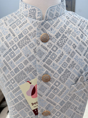 Men’s Pastel/Ice BluePink Nehru Jacket – Self Woven Silk Indian Sadri, Festive Wedding Waistcoat, Ethnic Modi Jacket for Men, J-3089