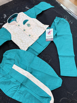 Kids Teal Green Kurta Dhoti and Pajama Set with Cream Sparkle Jacket, Boys Ethnic Wear, Festive Wedding Outfit B-2020