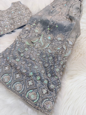 Baby Girls’ Embroidered Lehenga Choli Set in Teal Blue & Slate Gray, Festive Indian Ethnic Outfit Lehenga Dress, GRL-2091