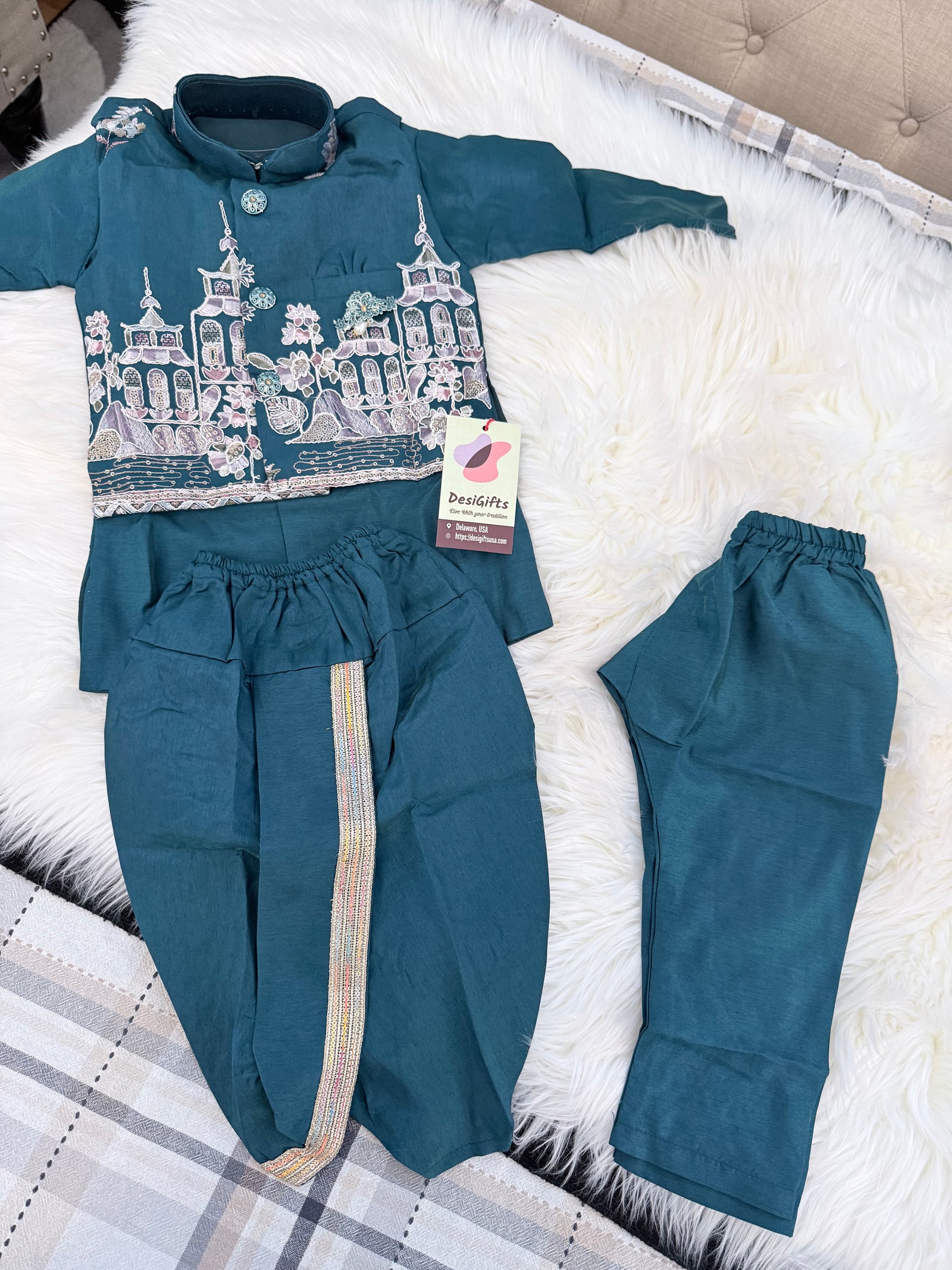 Boys Peacock Blue Kurta Pajama Set with Floral Embroidery Jacket | Dhoti and Pajama | Indian Wedding Festive Ethnic Wear for Kids, B-4059