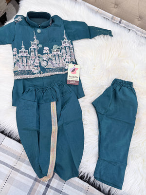 Boys Peacock Blue Kurta Pajama Set with Floral Embroidery Jacket | Dhoti and Pajama | Indian Wedding Festive Ethnic Wear for Kids, B-4059