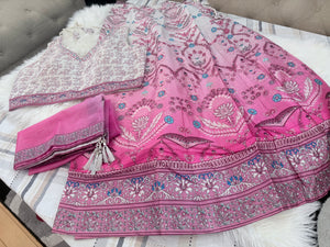 Pink & Ivory Floral Printed Lehenga Choli Set with Dupatta – Ombre Digital Print, Mirror-Style Sequin Accents, Indian Wedding & Festive Wear, LHG-4012