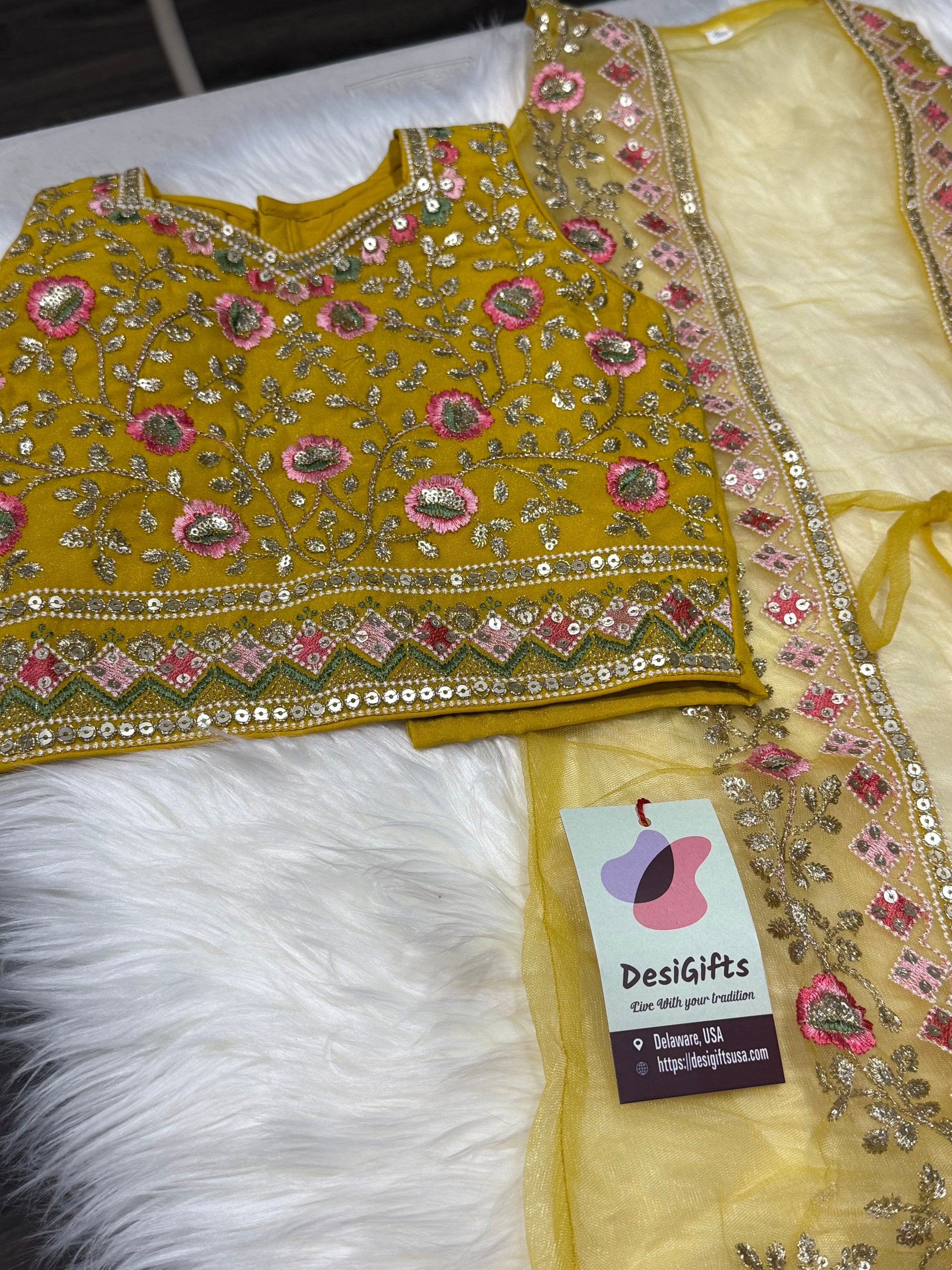 Yellow Shade Lehnga Choli in Sari Style, Half Sari, , Indian traditional festive outfit for Princess, Girl Design GRL - 1943