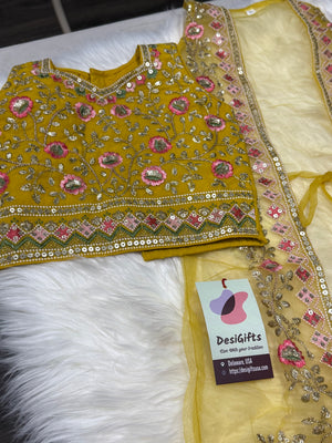 Yellow Shade Lehnga Choli in Sari Style, Half Sari, , Indian traditional festive outfit for Princess, Girl Design GRL - 1943