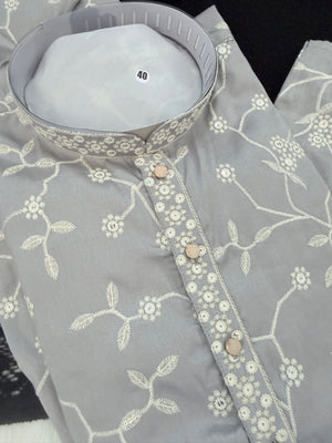 Men’s Light Gray Embroidered Kurta Pajama Set with with White Floral Embroidery, Sequins Work, Indian Ethnic Wear, KPS-3008