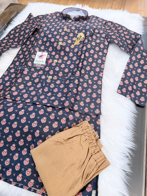 Men's Navy Kurta Pajama with Jacket | Designer Motif Ethnic Wear for Indian Weddings &amp; Festivals | Premium Silk 3-Piece Outfit | KPJ-2053