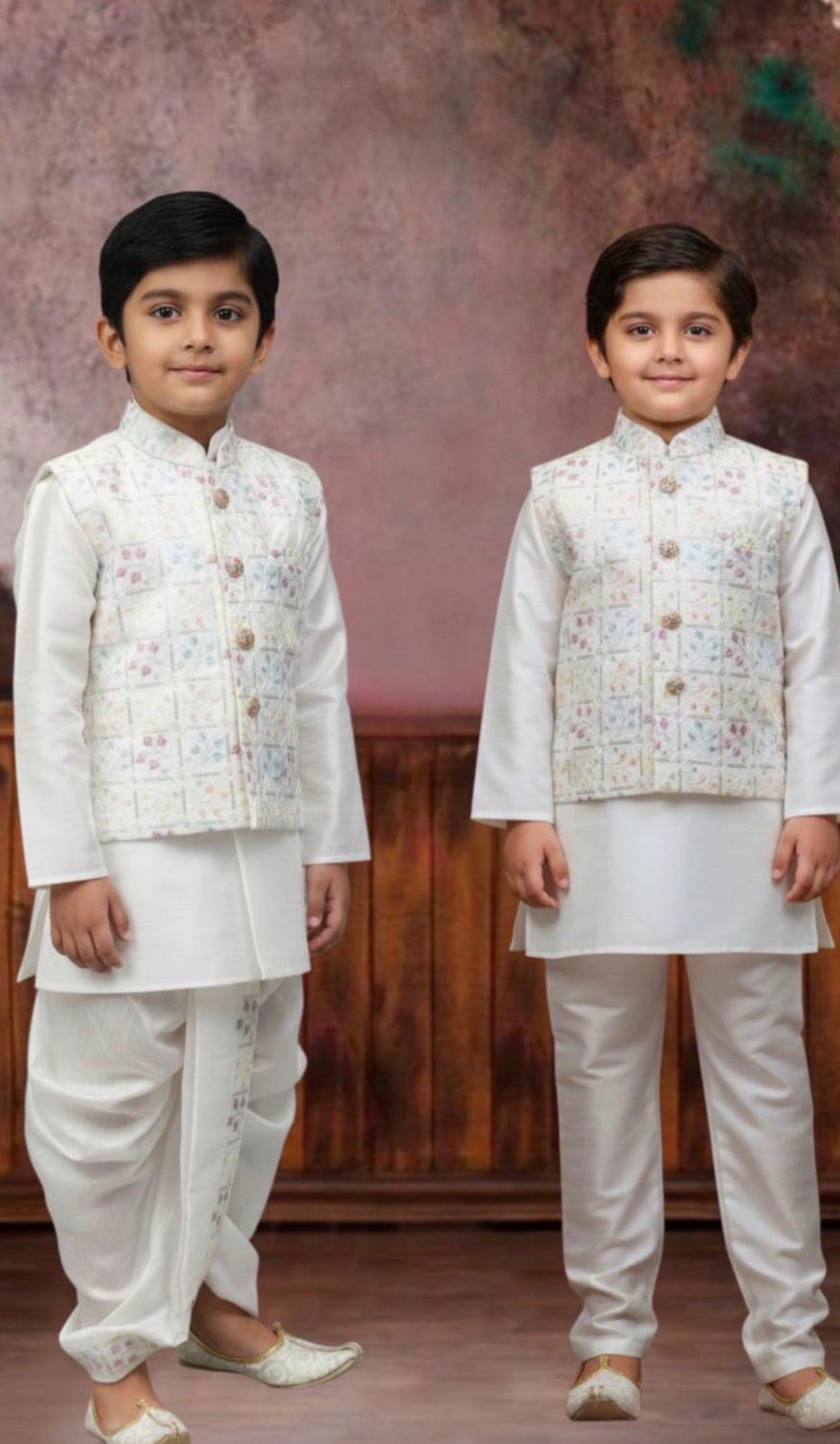 White Shade 4 Piece Boy's Cotton  Silk Ethnic Kurta with  Embroidery Jacket, Dhoti and Pajama- Design B-2020