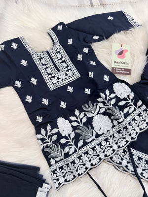 Girls Navy Blue Embroidered Sharara Suit Set with Dupatta, White Thread Work Ethnic Outfit for Kids, Party & Festival Wear, GRL-3001