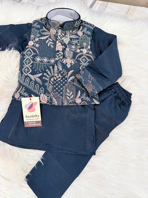 3 Piece Navy Blue Kurta Pajama Set with Embroidery Jacket Set, Silk Blend Fabric with a Slight Sheen, Father & Son's Matching Option, DM - 4081