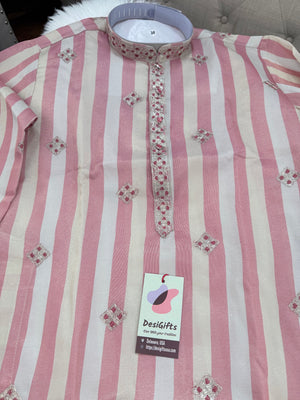 Men’s Dusty Rose Pink & Ivory Striped Embroidered Kurta Pajama Set | Wedding & Festive Indian Ethnic Wear, KP - 4038