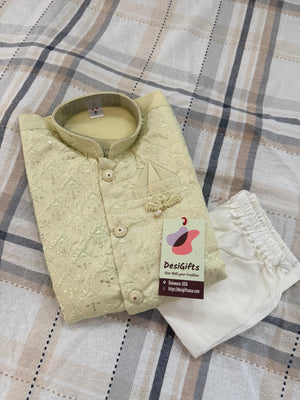 Pista Green Shade 3 Piece Boy's Cotton  Silk Ethnic Kurta with Jacket and Pajama- Design B-2027