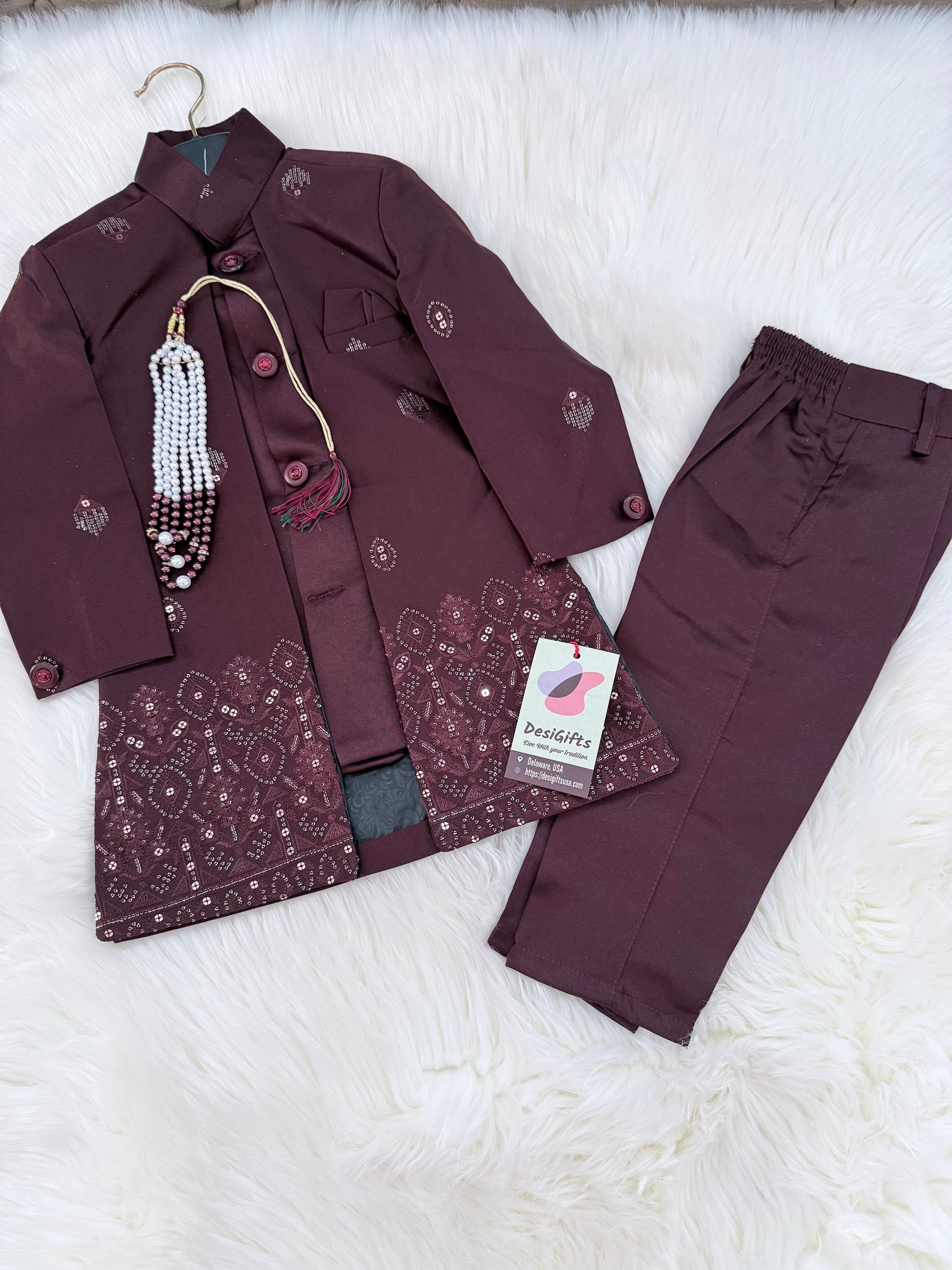 Boy's Cotton Silk 2 Piece Indo Western Dress,  Embroidered  Sequins Long Jacket with  Pant and Necklace, Boy's Dress - B-2013