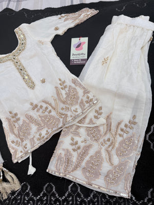 Girls’ Ivory White with Gold Embroidery Kurta Palazzo Set with Sequins Work – Festive Ethnic Wear, GRL-2099