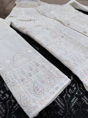 Elegant Men’s 3-Piece Kurta Pajama with Embroidered Sequins Jacket, Ivory Cream Satin Silk Blend Ethnic Wear for Wedding & Festive, KPJ-3062