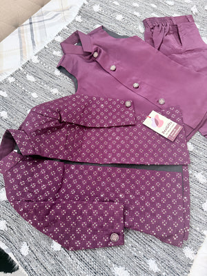 Boy's Purple Shade Cotton Silk 3 Piece Indo Western Outfit,  Embroidered  Sequins Long Jacket with  Pant, Boy's Sherwani Dress - B-3053