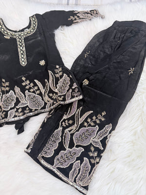 Girls’ Black with Gold Embroidery Kurta Palazzo Set with Sequins Work – Festive Ethnic Wear, GRL-2094