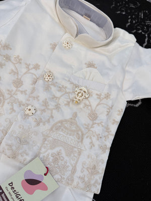 Boys Ivory Cream Kurta Pajama Set with Floral Embroidery Jacket | Dhoti and Pajama | Indian Wedding Festive Ethnic Wear for Kids, B-4058