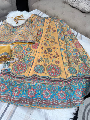 Women’s Mustard Yellow Lehenga Choli Set with Dupatta – Multicolor Floral & Mandala Digital Print, Mirror-Style Sequin Work, Indian Wedding Festive Wear, LHG-4011