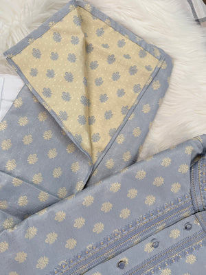 Men's Gray Jacquard Silk Kurta Pajama Set | Gold Floral Motifs | Indian Wedding, Eid & Diwali Festive Wear, KP-4086