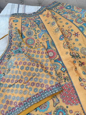 Women’s Mustard Yellow Lehenga Choli Set with Dupatta – Multicolor Floral & Mandala Digital Print, Mirror-Style Sequin Work, Indian Wedding Festive Wear, LHG-4011