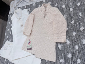 Boy's Champagne Blush Shade Cotton Silk 3 Piece Indo Western Outfit,  Embroidered  Sequins Long Jacket with Pant , Boy's Sherwani Dress - B-3054
