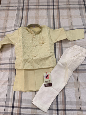 Pista Green Shade 3 Piece Boy's Cotton  Silk Ethnic Kurta with Jacket and Pajama- Design B-2027