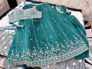 Embroidered Lehenga Saree Style Set with Blouse & Dupatta – Teal Blue / Olive Green Wedding & Festive Indian Ethnic Wear, Design LHG - 4007
