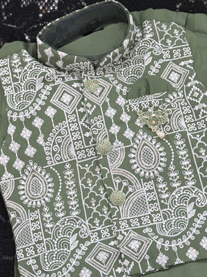 Boys Green Kurta Set with Embroidered Jacket and Pajama – Festive Ethnic Wear,- Design B-2028
