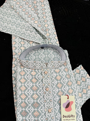 Light Teal Shade Men's Kurta Pajama set with Embroidery and Sequins. Two-piece Indian traditional outfit., KP - 2028