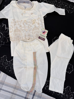 Boys Ivory Cream Kurta Pajama Set with Floral Embroidery Jacket | Dhoti and Pajama | Indian Wedding Festive Ethnic Wear for Kids, B-4058