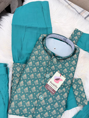 3 Piece Teal Blue Kurta Pajama Set with Jacquard Silk Jacket Set, Silk Blend Fabric with a Slight Sheen, Father & Son's Matching Option, DM - 4082