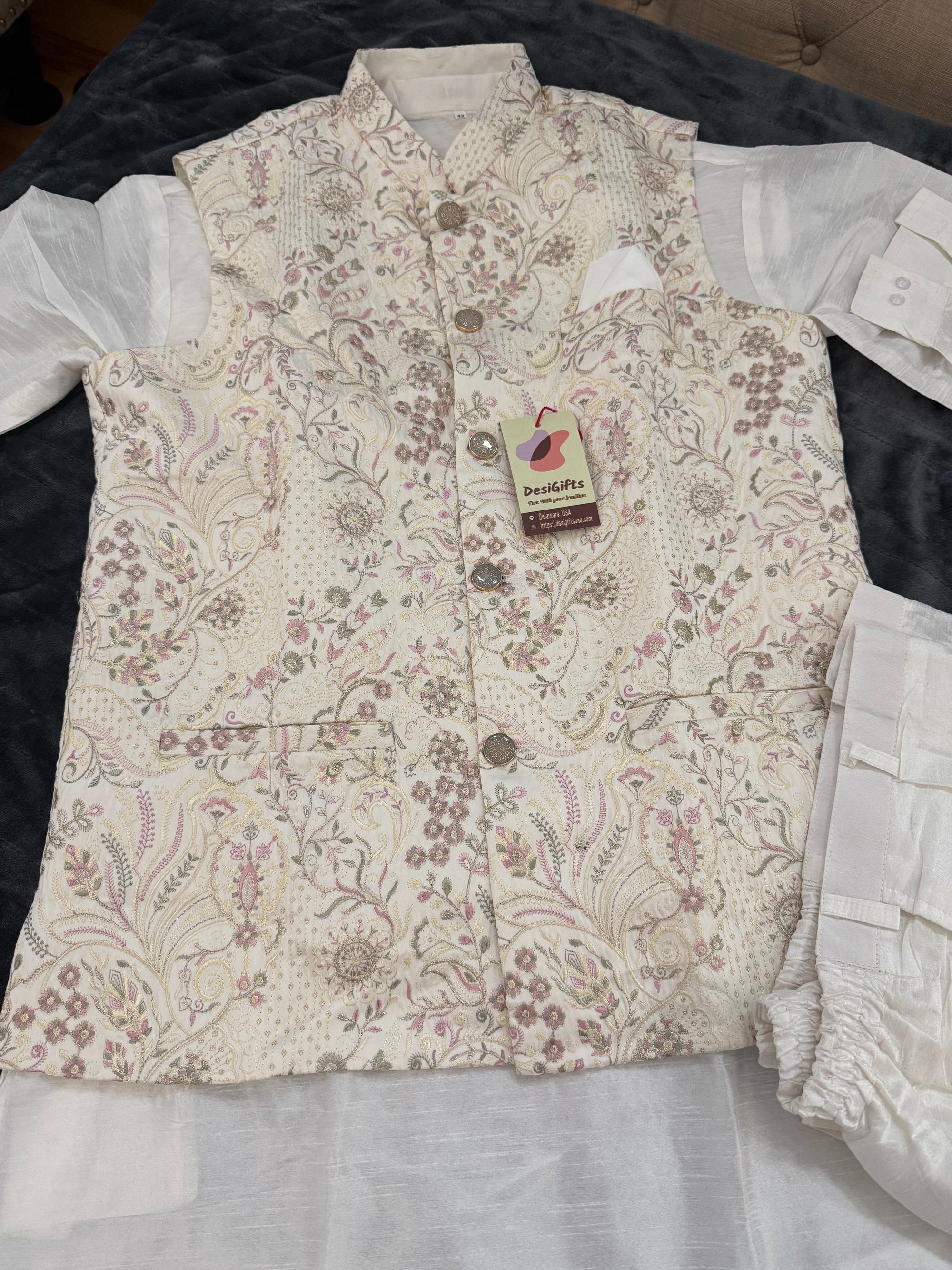 Elegant 3 Piece Cream Kurta Pajama with Jacket  Embroidered Set for Man, Cotton Silk, Indian Wedding Partywear, DM - 1885