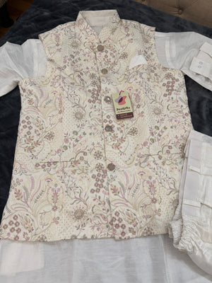 Elegant 3 Piece Cream Kurta Pajama with Jacket  Embroidered Set for Man, Cotton Silk, Indian Wedding Partywear, DM - 1885