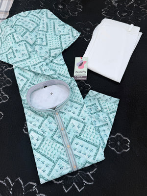 Men’s Aqua Mint Shade Kurta Pajama Set – Premium Viscose Rayon with Embroidery, Geometric Pattern & Sequin Detailing| KPS-3030