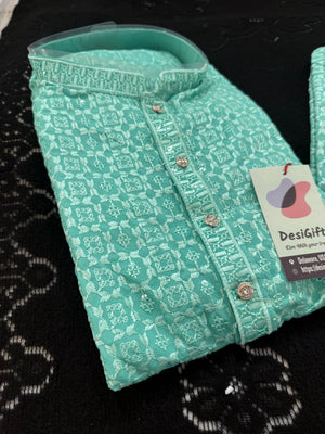 Men & Boys Turquoise Teal Rayon Chikankari with Sequins Kurta Pajama Set | Matching Father Son Option Festive Outfit with Sequin Work, DM -1423