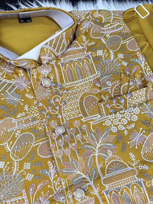 Festive Men’s 3-Piece Mustard Yellow Shade Kurta Pajama with Embroidered Sequins Jacket, Silk Ethnic Wear for Wedding & Festive, KPJ-4053