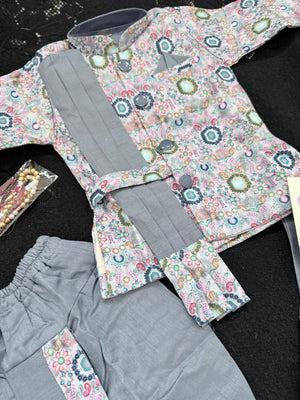 Boys 3 Piece Gray Silk Blend Indian Dress Set with Jacket, Dhoti & Pajama – Ethnic Wedding and Festive Outfit B-2019