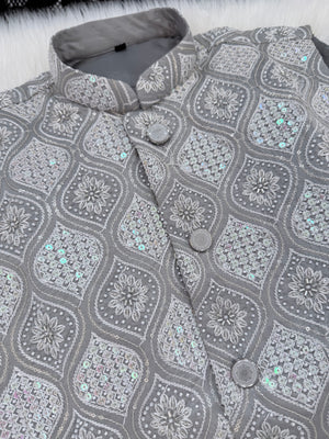 Luxury Gray Bead & Sequin Embroidered Jacket for Men – Heavy Thread Work Wedding Waistcoat | J-3033